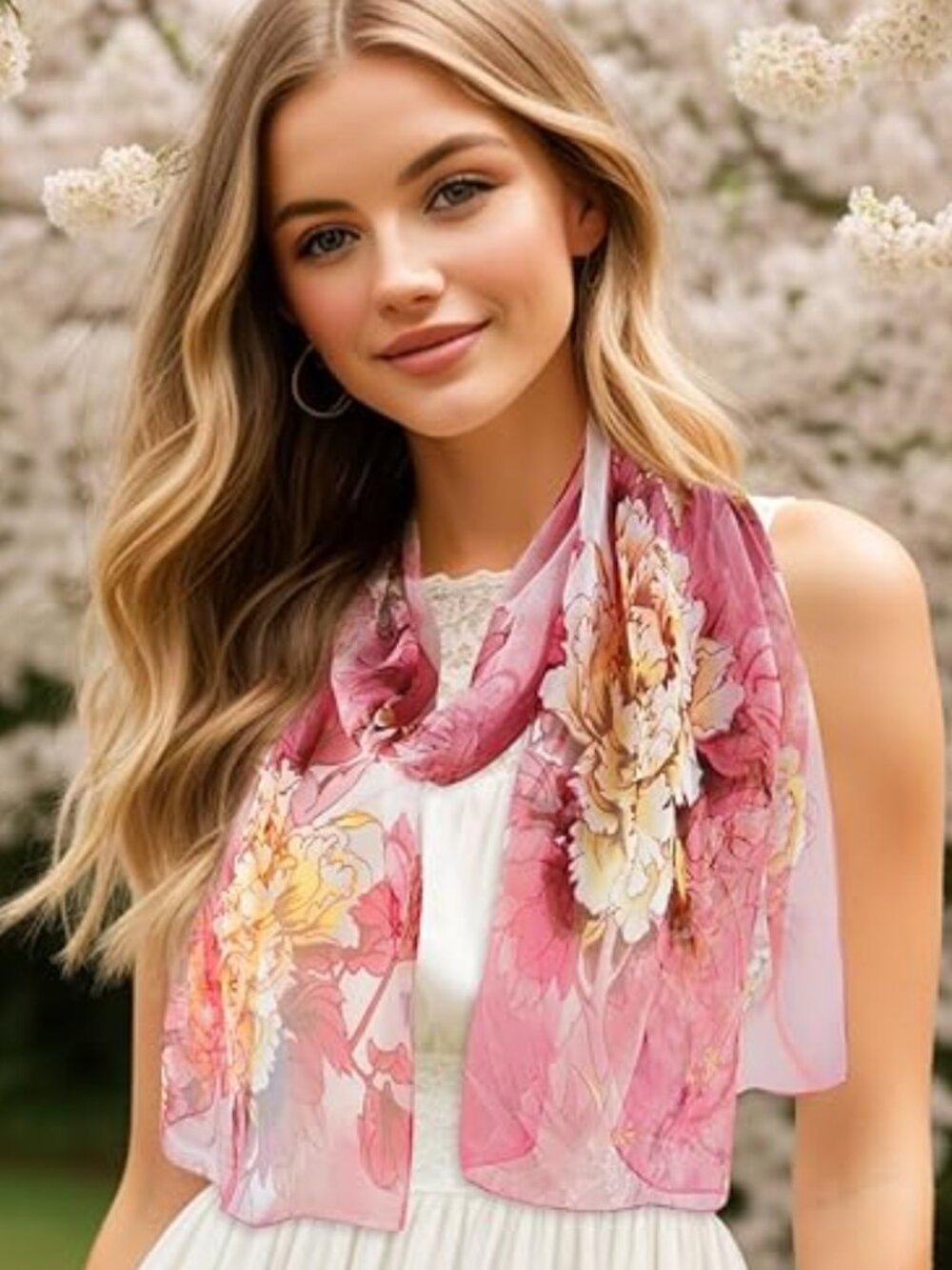 Beautiful Pink Chiffon Summer‎ Scarf Floral Pattern